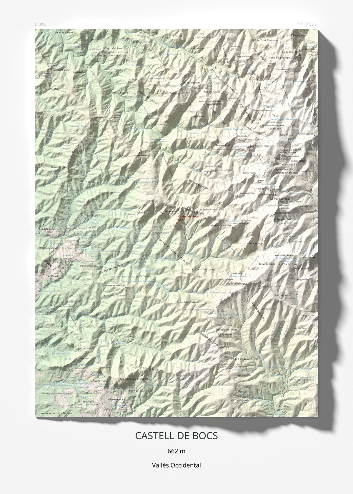 Mapa de relieve de Castell de Bocs, 662 m, Vallès Occidental, lámina 100 Cims de Trobart 50 × 70 cm.