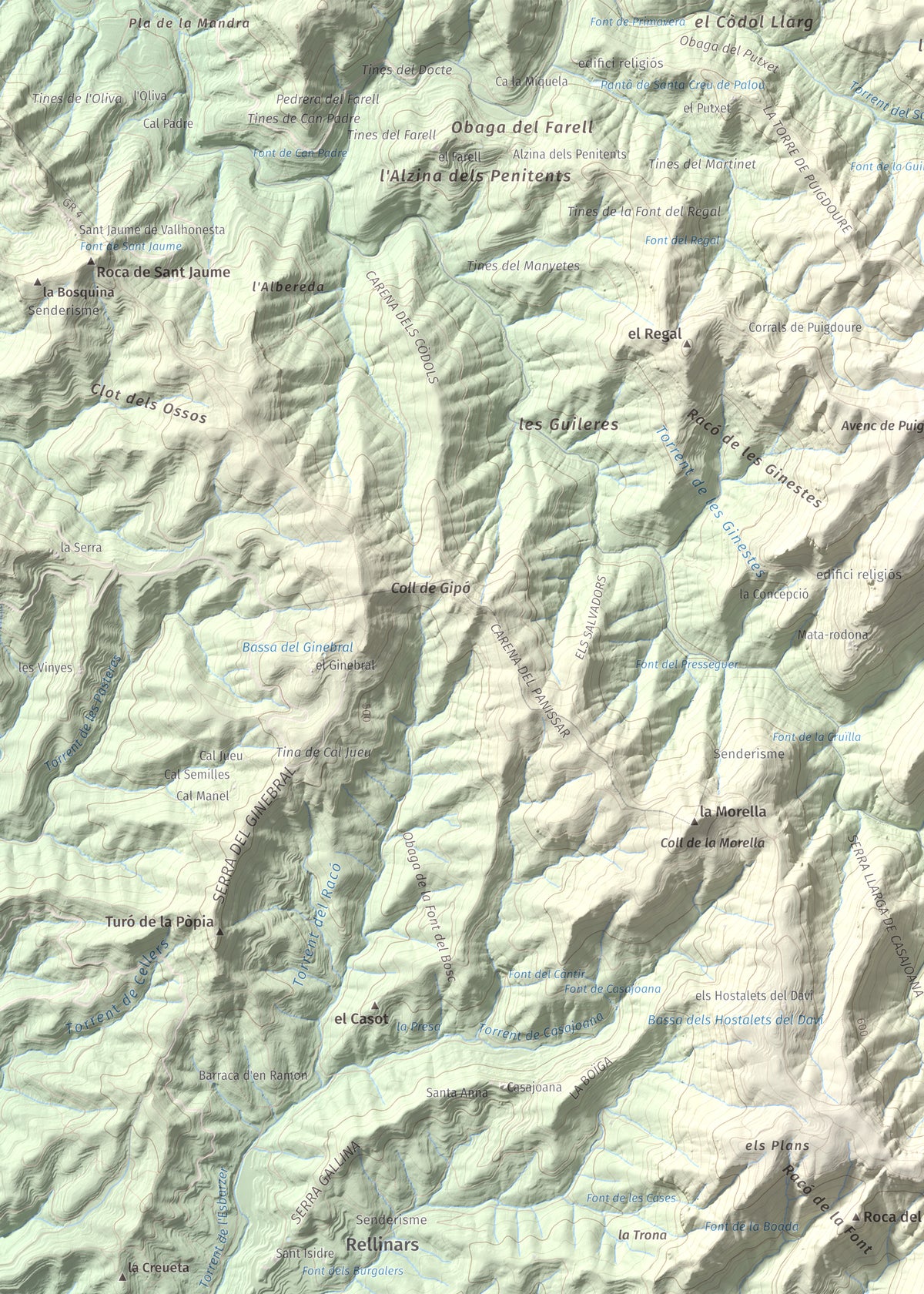 Mapa de relieve de Castell de Bocs, 662 m, Vallès Occidental, lámina 100 Cims de Trobart. Detalle de la zona superior izquierda. 50 × 70 cm.