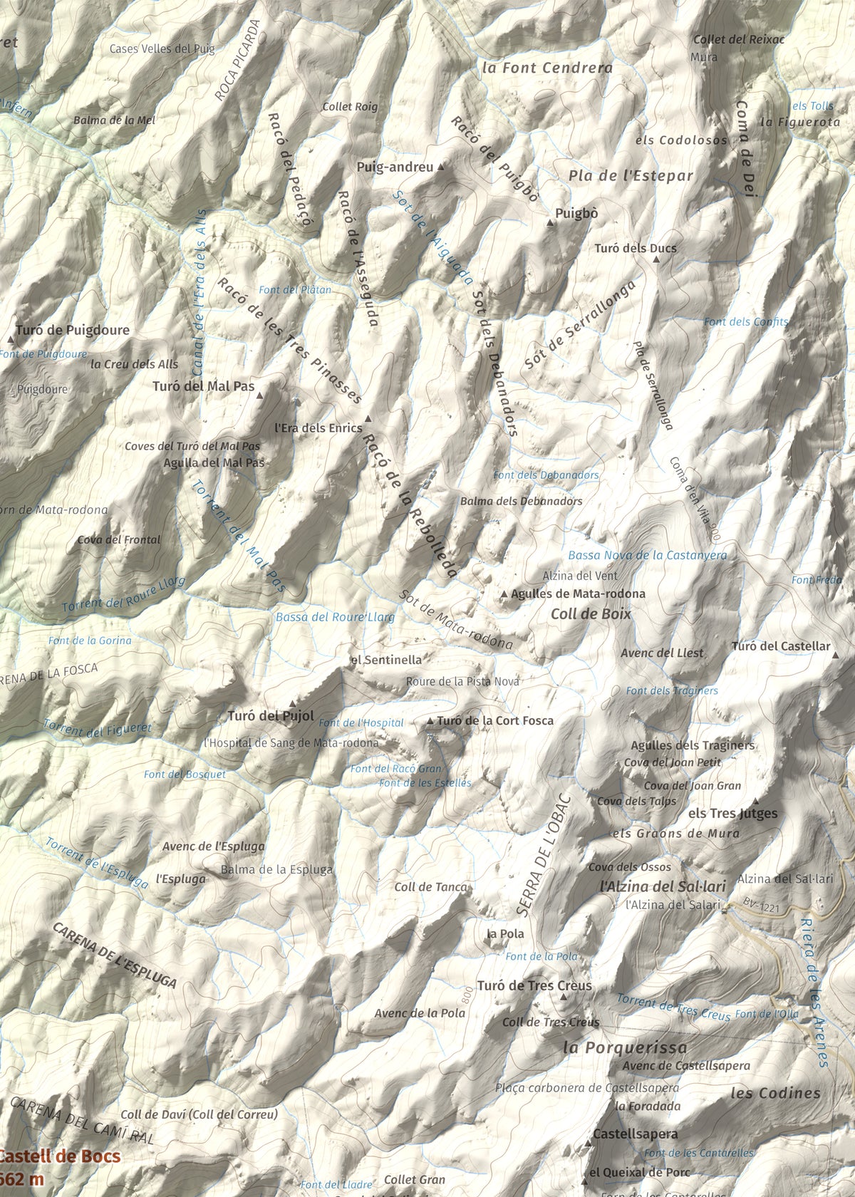 Mapa de relieve de Castell de Bocs, 662 m, Vallès Occidental, lámina 100 Cims de Trobart. Detalle de la zona superior derecha. 50 × 70 cm.