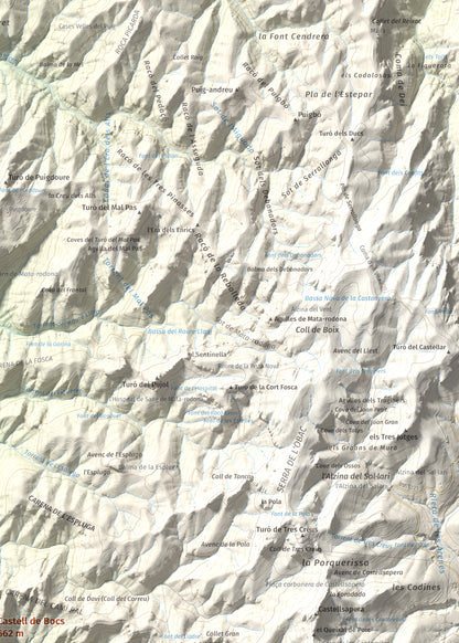 Mapa de relieve de Castell de Bocs, 662 m, Vallès Occidental, lámina 100 Cims de Trobart. Detalle de la zona superior derecha. 50 × 70 cm.