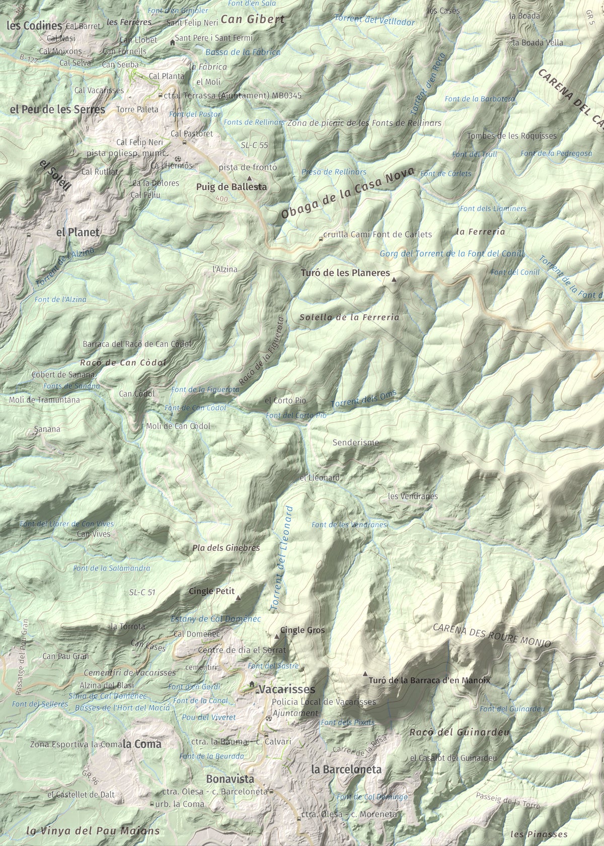 Mapa de relieve de Castell de Bocs, 662 m, Vallès Occidental, lámina 100 Cims de Trobart. Detalle de la zona inferior izquierda. 50 × 70 cm.
