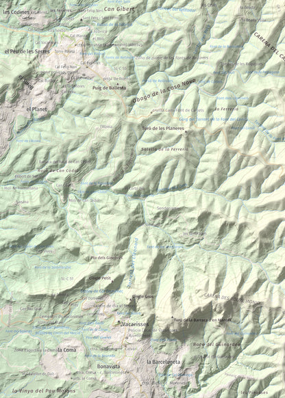 Mapa de relieve de Castell de Bocs, 662 m, Vallès Occidental, lámina 100 Cims de Trobart. Detalle de la zona inferior izquierda. 50 × 70 cm.