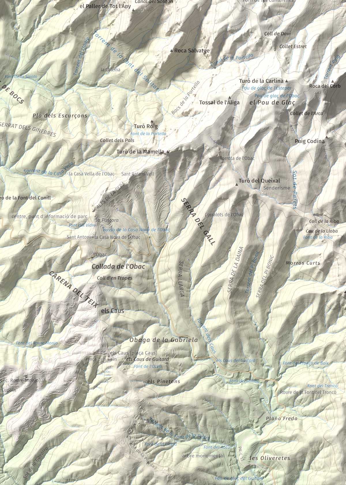Mapa de relieve de Castell de Bocs, 662 m, Vallès Occidental, lámina 100 Cims de Trobart. Detalle de la zona inferior derecha. 50 × 70 cm.