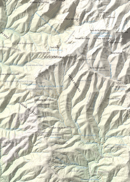 Mapa de relieve de Castell de Bocs, 662 m, Vallès Occidental, lámina 100 Cims de Trobart. Detalle de la zona inferior derecha. 50 × 70 cm.