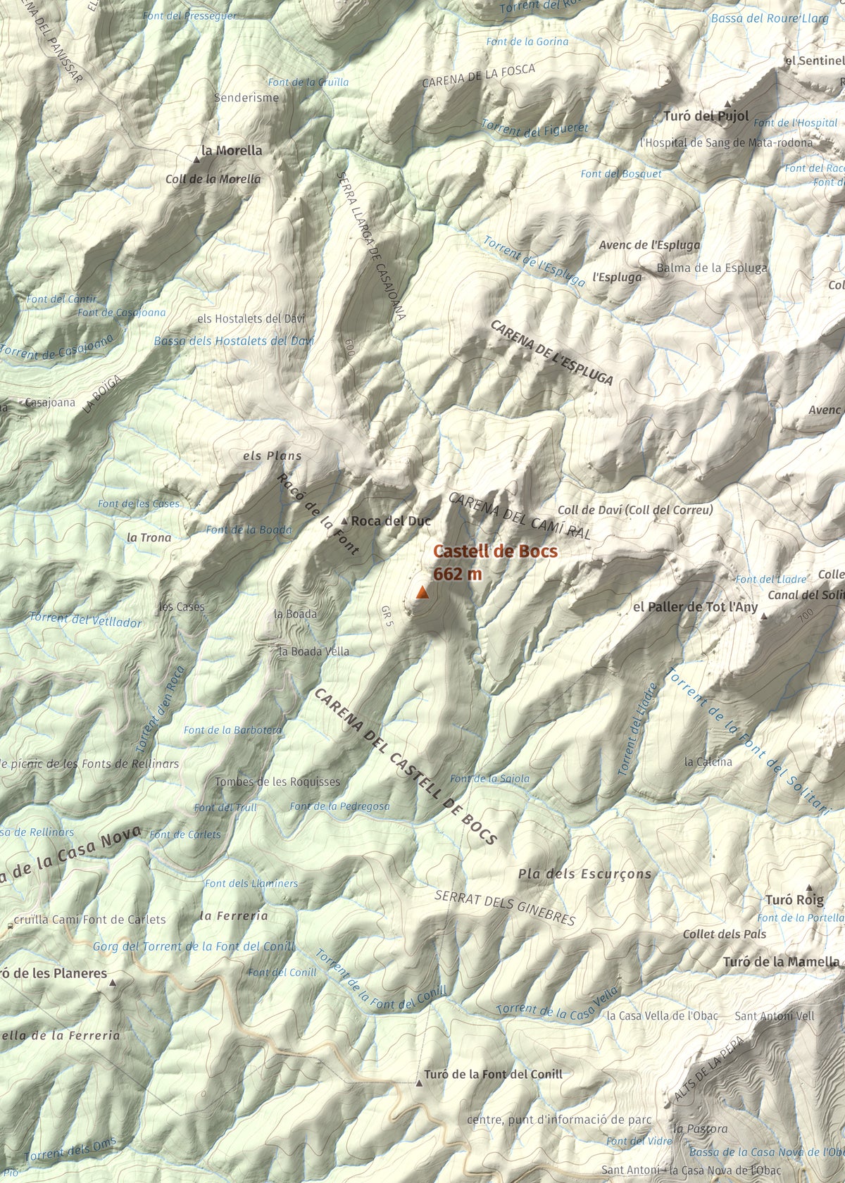 Mapa de relieve de Castell de Bocs, 662 m, Vallès Occidental, lámina 100 Cims de Trobart. Detalle de la zona central. 50 × 70 cm.