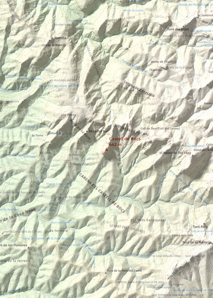 Mapa de relieve de Castell de Bocs, 662 m, Vallès Occidental, lámina 100 Cims de Trobart. Detalle de la zona central. 50 × 70 cm.