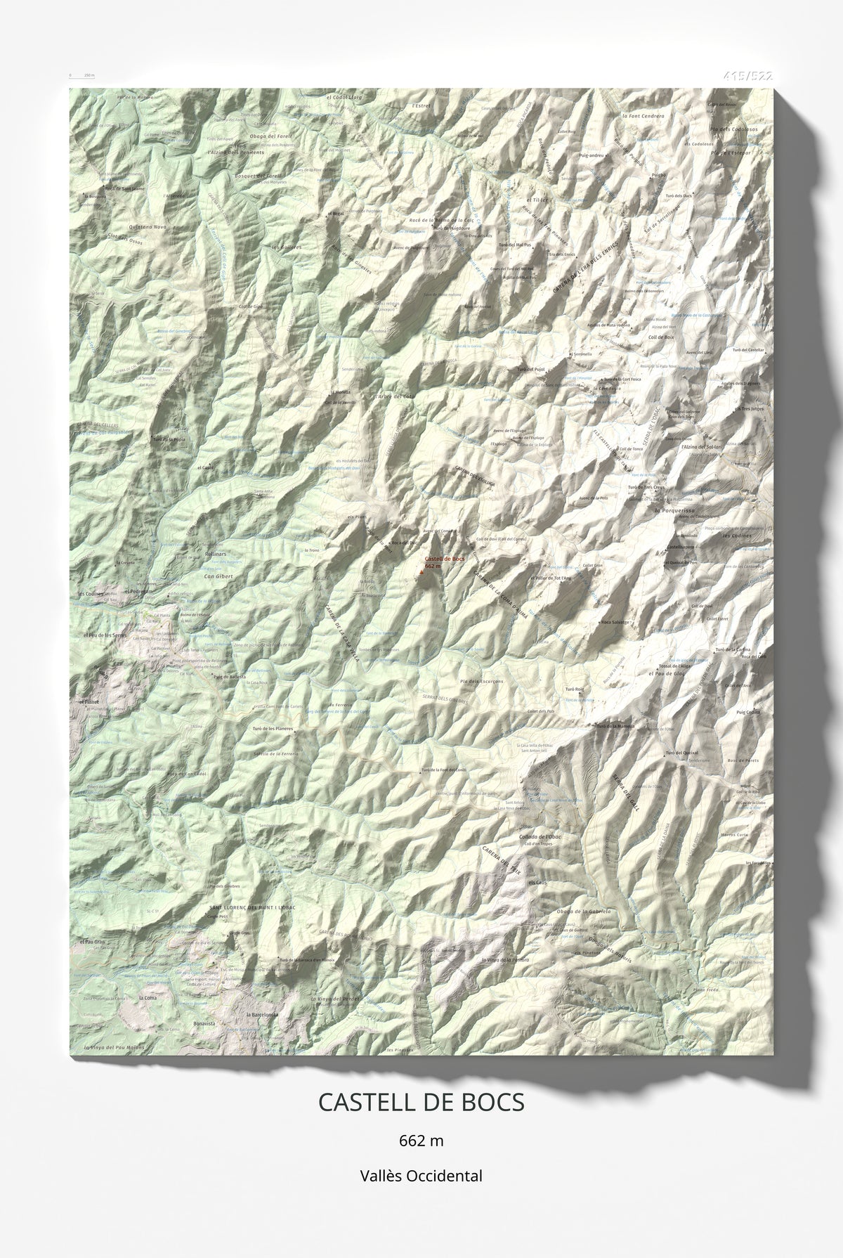Mapa de relieve de Castell de Bocs, 662 m, Vallès Occidental, lámina 100 Cims de Trobart 61 × 91 cm.