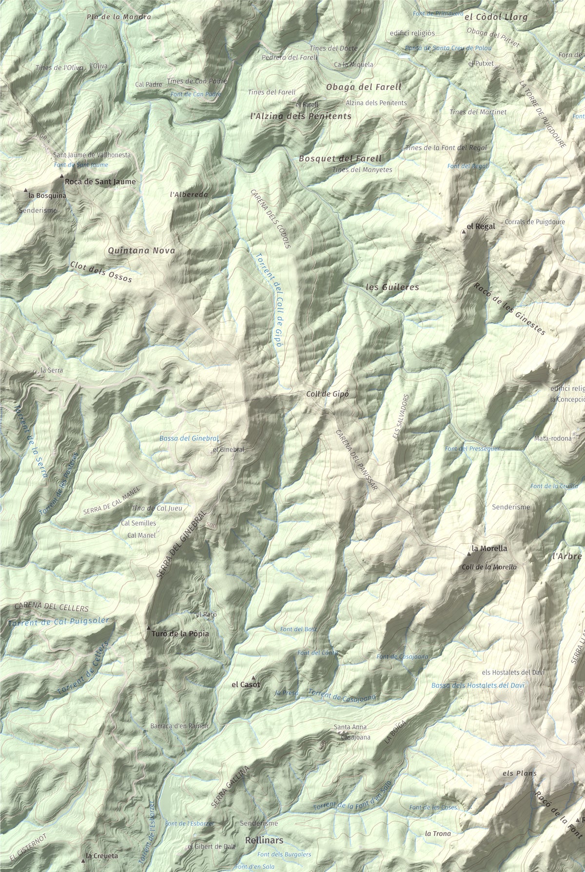 Mapa de relieve de Castell de Bocs, 662 m, Vallès Occidental, lámina 100 Cims de Trobart. Detalle de la zona superior izquierda. 61 × 91 cm.