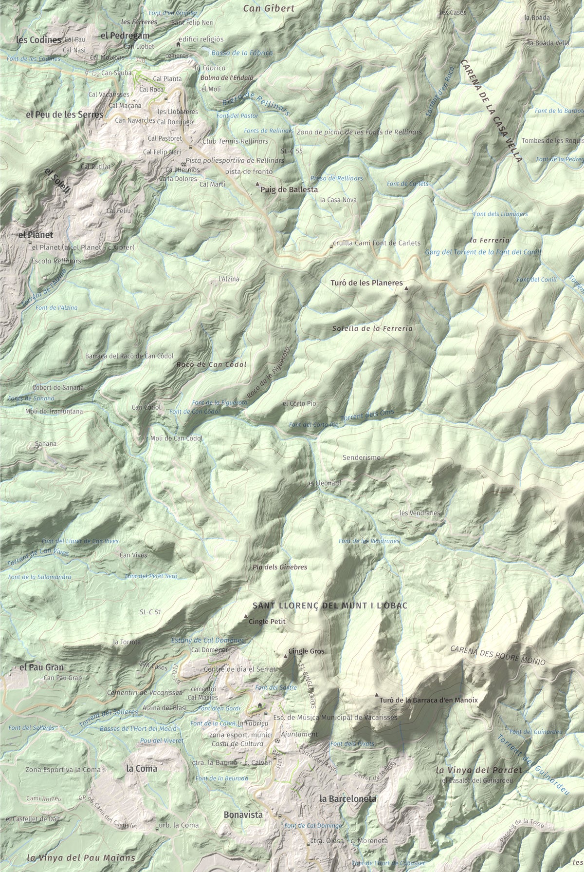 Mapa de relieve de Castell de Bocs, 662 m, Vallès Occidental, lámina 100 Cims de Trobart. Detalle de la zona inferior izquierda. 61 × 91 cm.