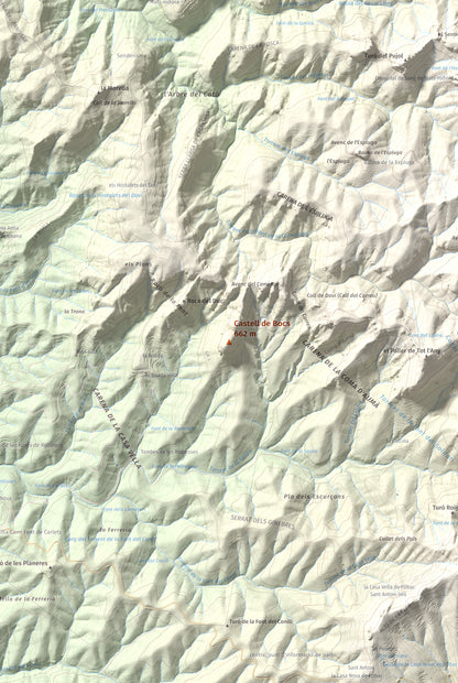 Mapa de relieve de Castell de Bocs, 662 m, Vallès Occidental, lámina 100 Cims de Trobart. Detalle de la zona central. 61 × 91 cm.