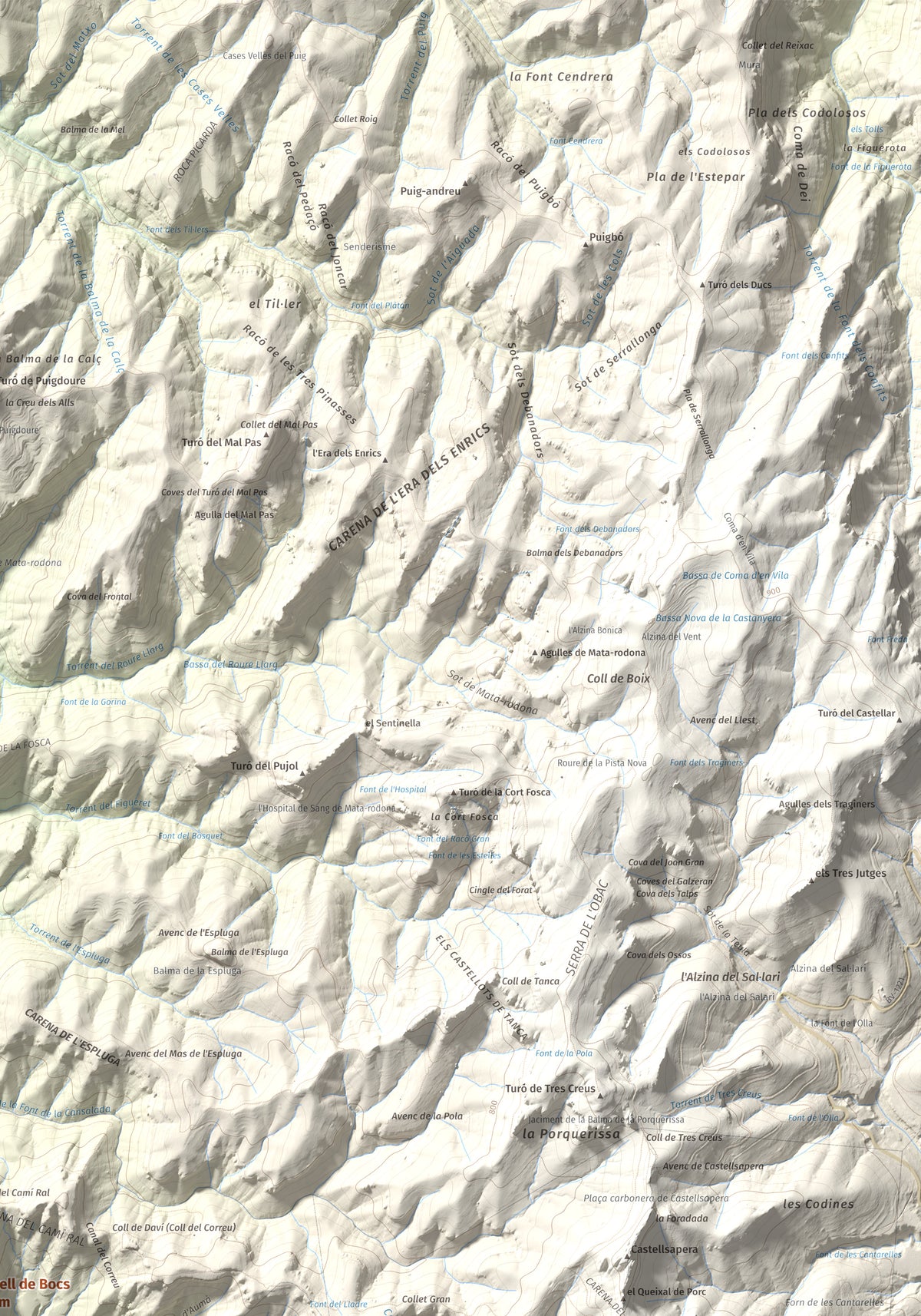 Mapa de relieve de Castell de Bocs, 662 m, Vallès Occidental, lámina 100 Cims de Trobart. Detalle de la zona superior derecha. 70 × 100 cm.