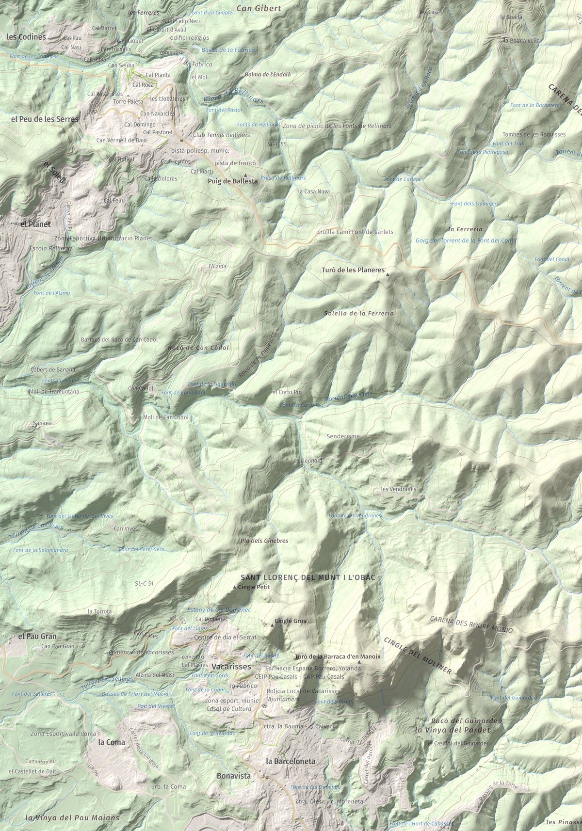 Mapa de relieve de Castell de Bocs, 662 m, Vallès Occidental, lámina 100 Cims de Trobart. Detalle de la zona inferior izquierda. 70 × 100 cm.