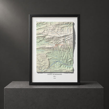 Mapa de relieve de Castell de Boixadors, 848 m, Anoia, lámina 100 Cims de Trobart. Presentación enmarcada. 21 × 30 cm.