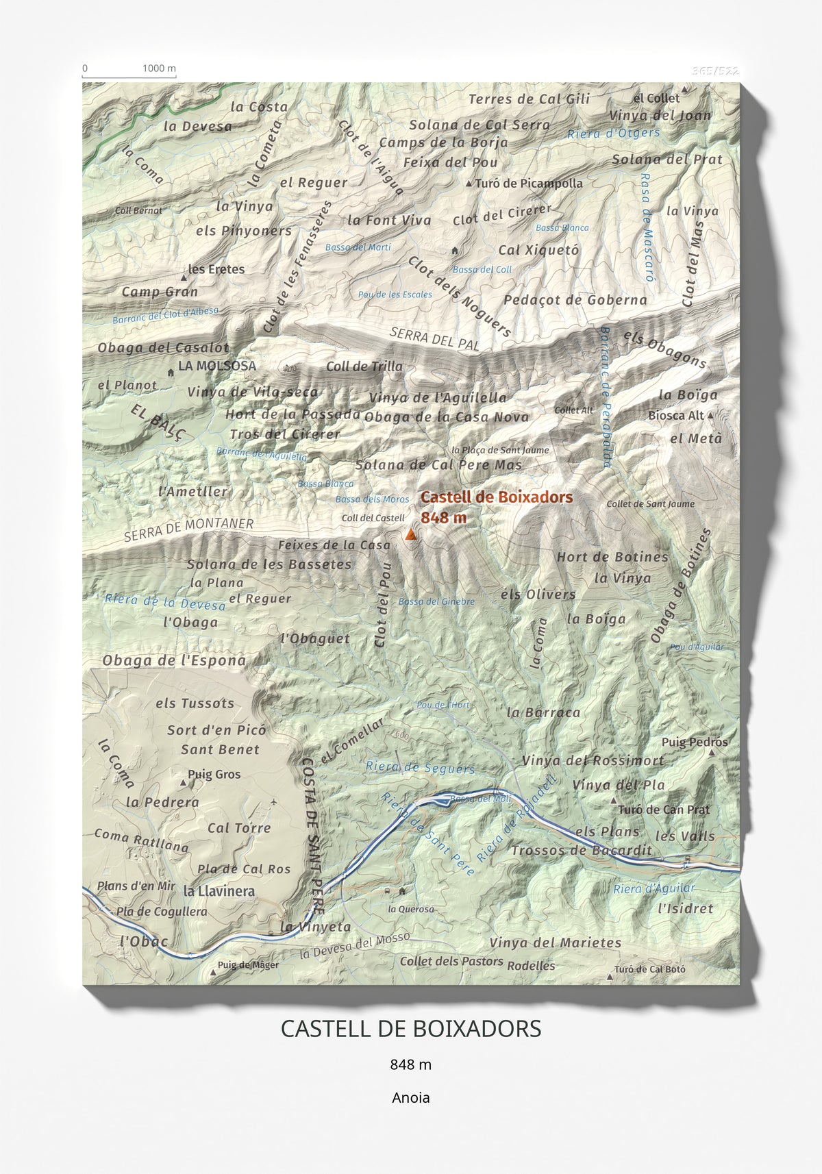 Mapa de relieve de Castell de Boixadors, 848 m, Anoia, lámina 100 Cims de Trobart 21 × 30 cm.
