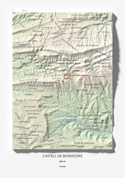 Mapa de relieve de Castell de Boixadors, 848 m, Anoia, lámina 100 Cims de Trobart 21 × 30 cm.