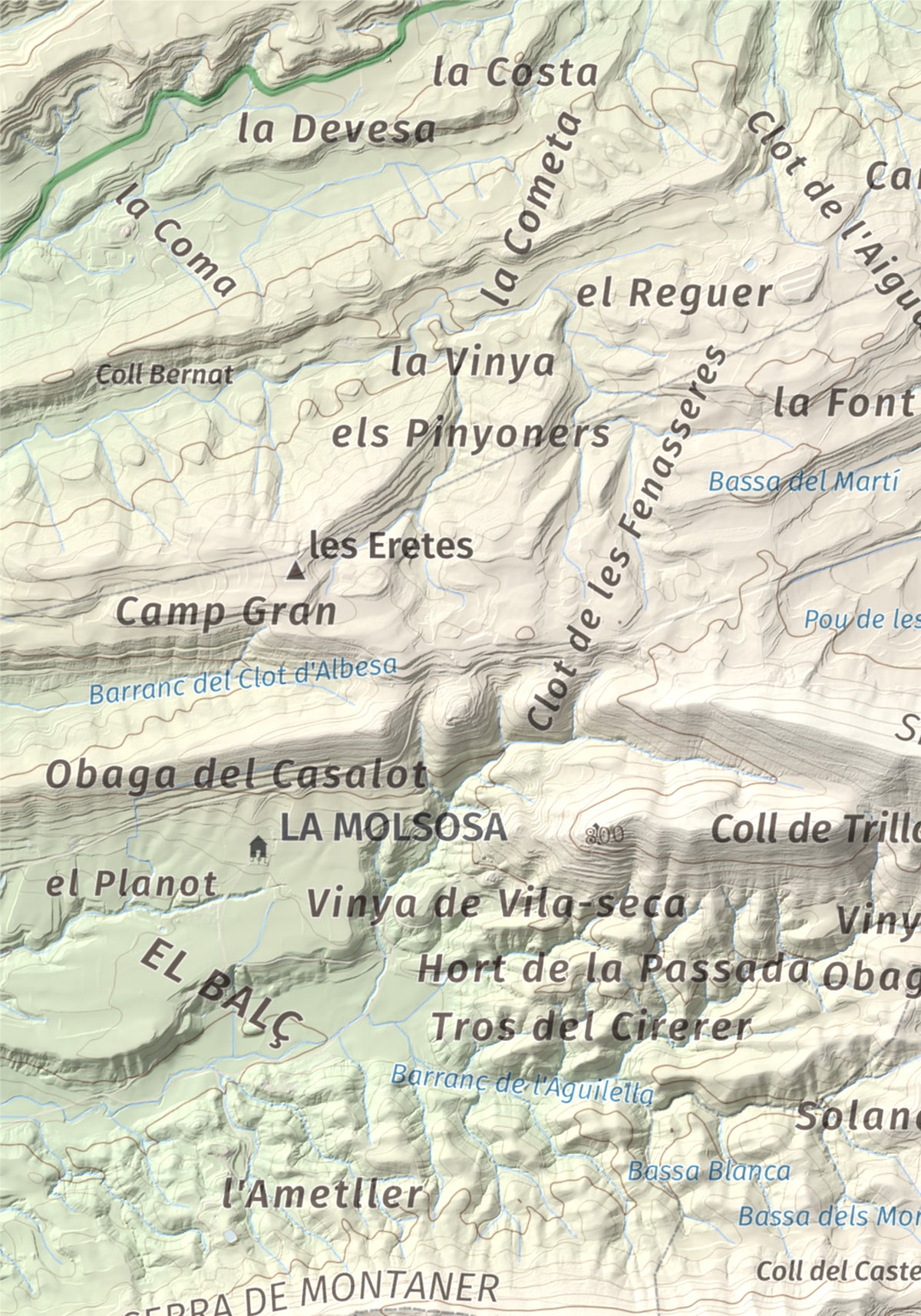 Mapa de relieve de Castell de Boixadors, 848 m, Anoia, lámina 100 Cims de Trobart. Detalle de la zona superior izquierda. 21 × 30 cm.