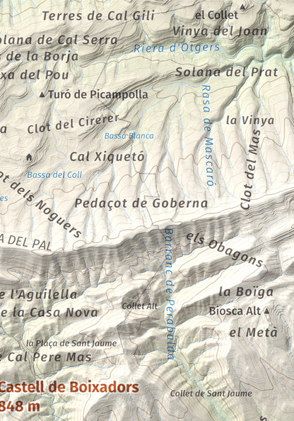 Mapa de relieve de Castell de Boixadors, 848 m, Anoia, lámina 100 Cims de Trobart. Detalle de la zona superior derecha. 21 × 30 cm.