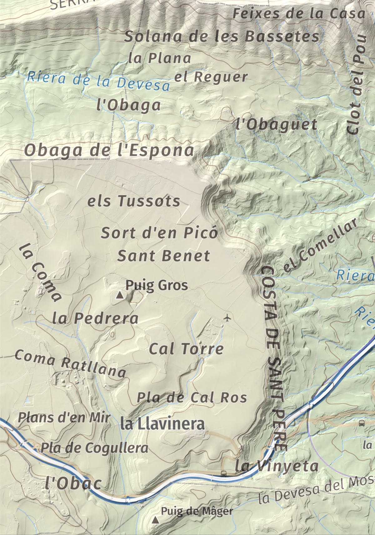 Mapa de relieve de Castell de Boixadors, 848 m, Anoia, lámina 100 Cims de Trobart. Detalle de la zona inferior izquierda. 21 × 30 cm.