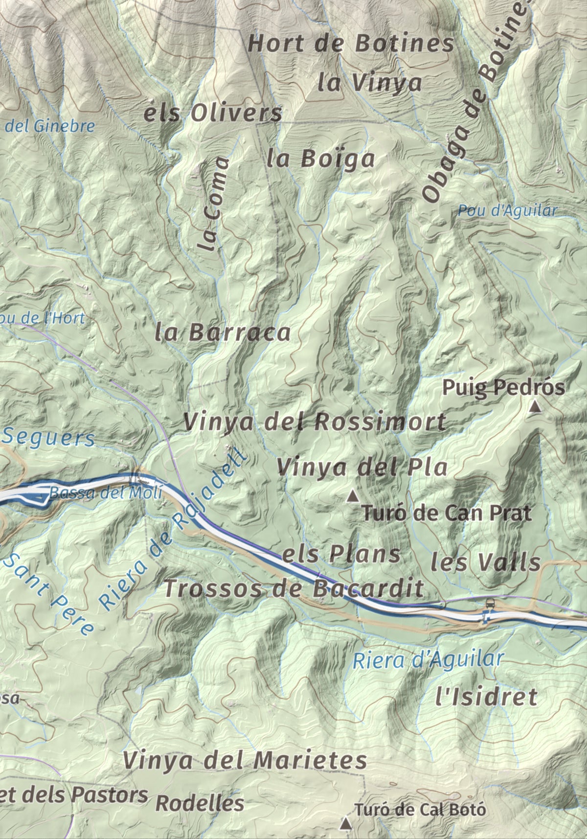 Mapa de relieve de Castell de Boixadors, 848 m, Anoia, lámina 100 Cims de Trobart. Detalle de la zona inferior derecha. 21 × 30 cm.