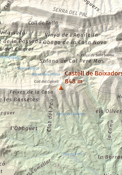 Mapa de relieve de Castell de Boixadors, 848 m, Anoia, lámina 100 Cims de Trobart. Detalle de la zona central. 21 × 30 cm.