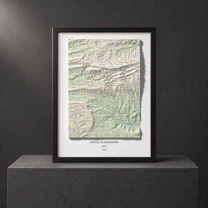 Mapa de relieve de Castell de Boixadors, 848 m, Anoia, lámina 100 Cims de Trobart. Presentación enmarcada. 30 × 40 cm.