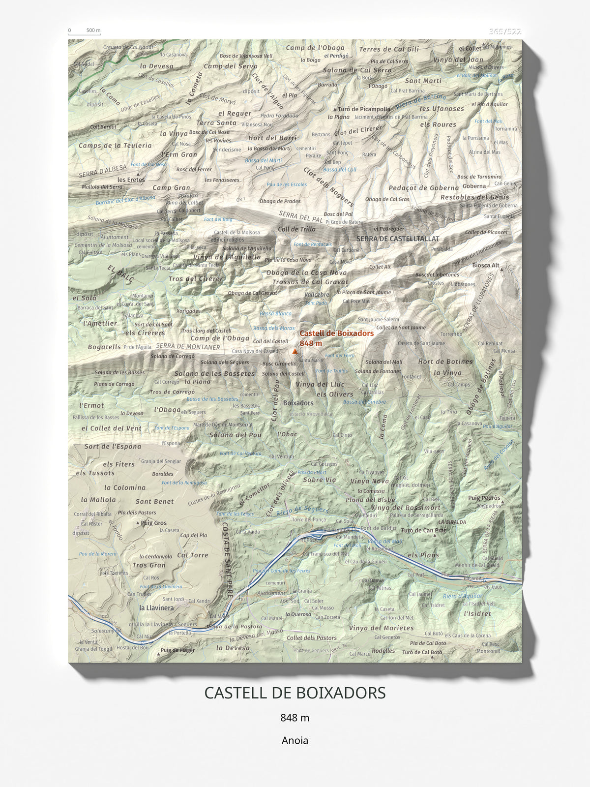 Mapa de relieve de Castell de Boixadors, 848 m, Anoia, lámina 100 Cims de Trobart 30 × 40 cm.