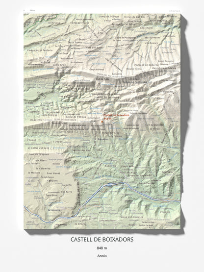Mapa de relieve de Castell de Boixadors, 848 m, Anoia, lámina 100 Cims de Trobart 30 × 40 cm.