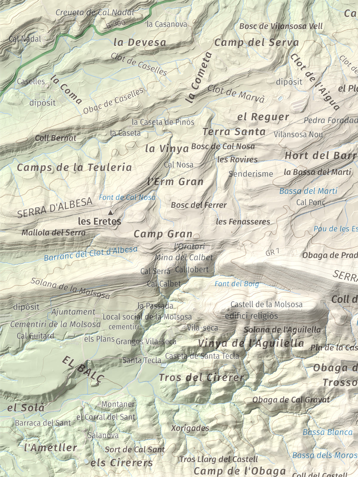 Mapa de relieve de Castell de Boixadors, 848 m, Anoia, lámina 100 Cims de Trobart. Detalle de la zona superior izquierda. 30 × 40 cm.
