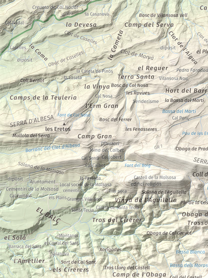 Mapa de relieve de Castell de Boixadors, 848 m, Anoia, lámina 100 Cims de Trobart. Detalle de la zona superior izquierda. 30 × 40 cm.