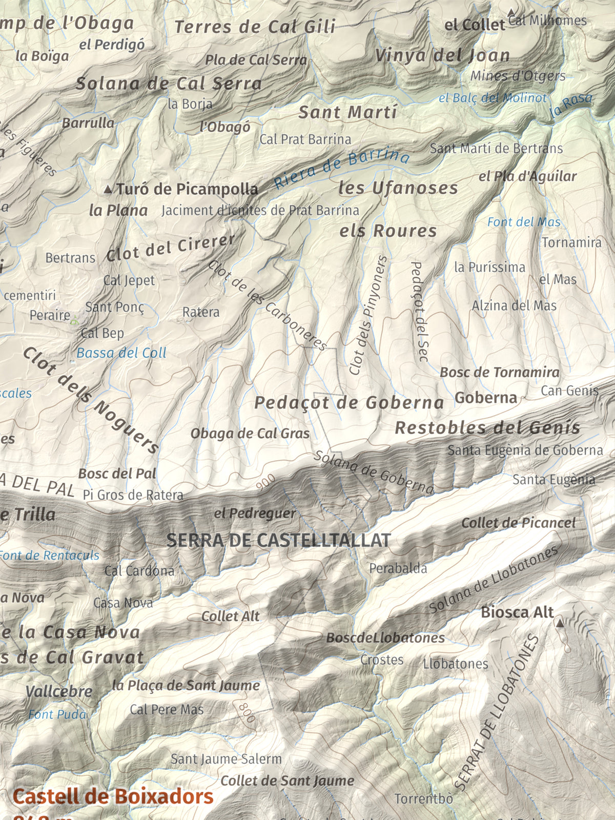 Mapa de relieve de Castell de Boixadors, 848 m, Anoia, lámina 100 Cims de Trobart. Detalle de la zona superior derecha. 30 × 40 cm.