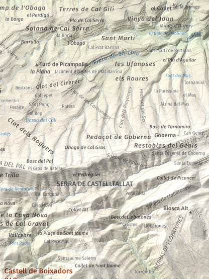 Mapa de relieve de Castell de Boixadors, 848 m, Anoia, lámina 100 Cims de Trobart. Detalle de la zona superior derecha. 30 × 40 cm.