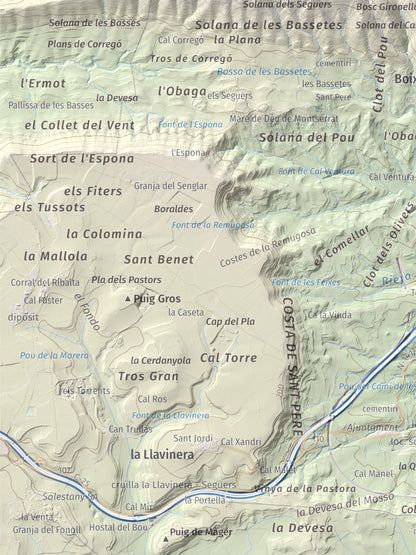Mapa de relieve de Castell de Boixadors, 848 m, Anoia, lámina 100 Cims de Trobart. Detalle de la zona inferior izquierda. 30 × 40 cm.