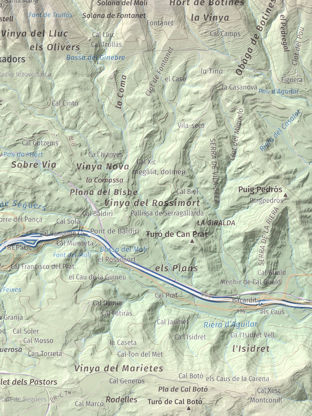 Mapa de relieve de Castell de Boixadors, 848 m, Anoia, lámina 100 Cims de Trobart. Detalle de la zona inferior derecha. 30 × 40 cm.