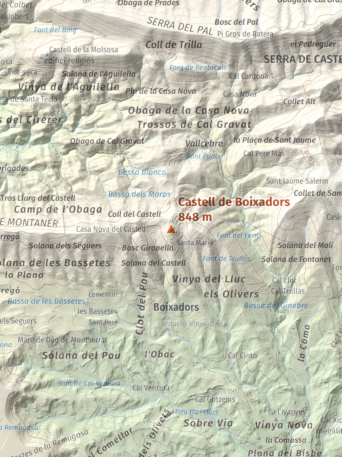 Mapa de relieve de Castell de Boixadors, 848 m, Anoia, lámina 100 Cims de Trobart. Detalle de la zona central. 30 × 40 cm.