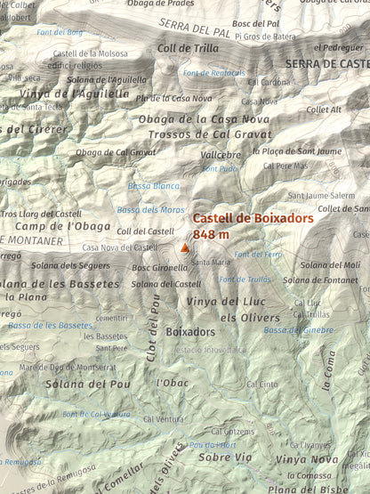 Mapa de relieve de Castell de Boixadors, 848 m, Anoia, lámina 100 Cims de Trobart. Detalle de la zona central. 30 × 40 cm.
