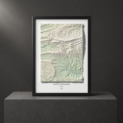 Mapa de relieve de Castell de Boixadors, 848 m, Anoia, lámina 100 Cims de Trobart. Presentación enmarcada. 50 × 70 cm.