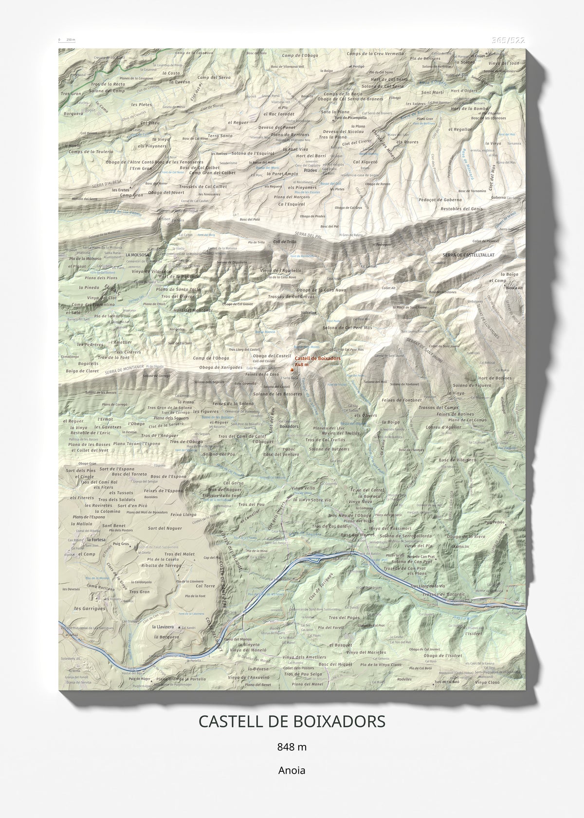 Mapa de relieve de Castell de Boixadors, 848 m, Anoia, lámina 100 Cims de Trobart 50 × 70 cm.