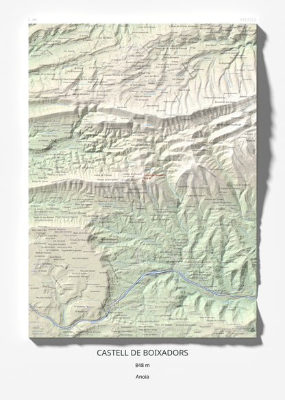 Mapa de relieve de Castell de Boixadors, 848 m, Anoia, lámina 100 Cims de Trobart 50 × 70 cm.