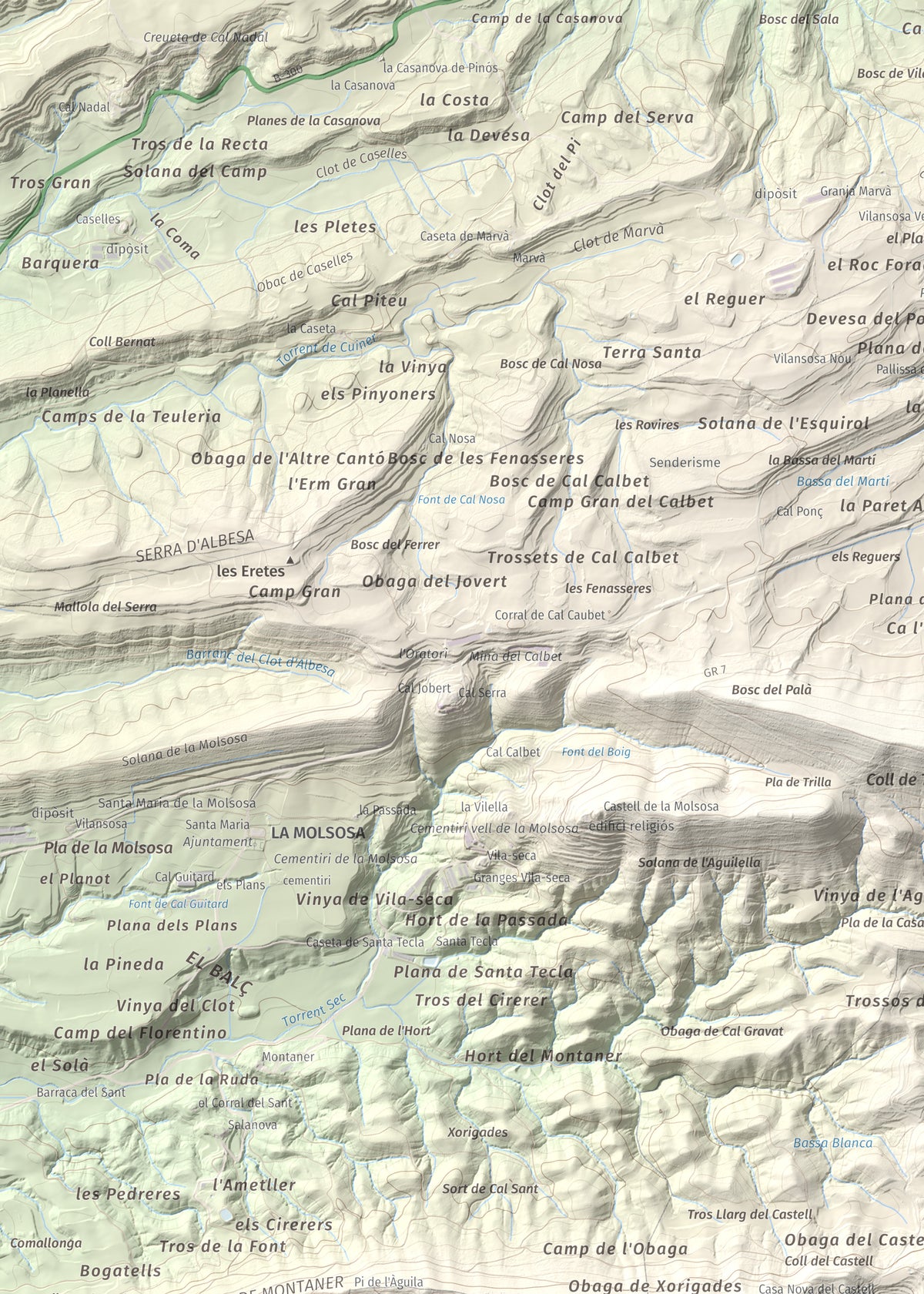 Mapa de relieve de Castell de Boixadors, 848 m, Anoia, lámina 100 Cims de Trobart. Detalle de la zona superior izquierda. 50 × 70 cm.