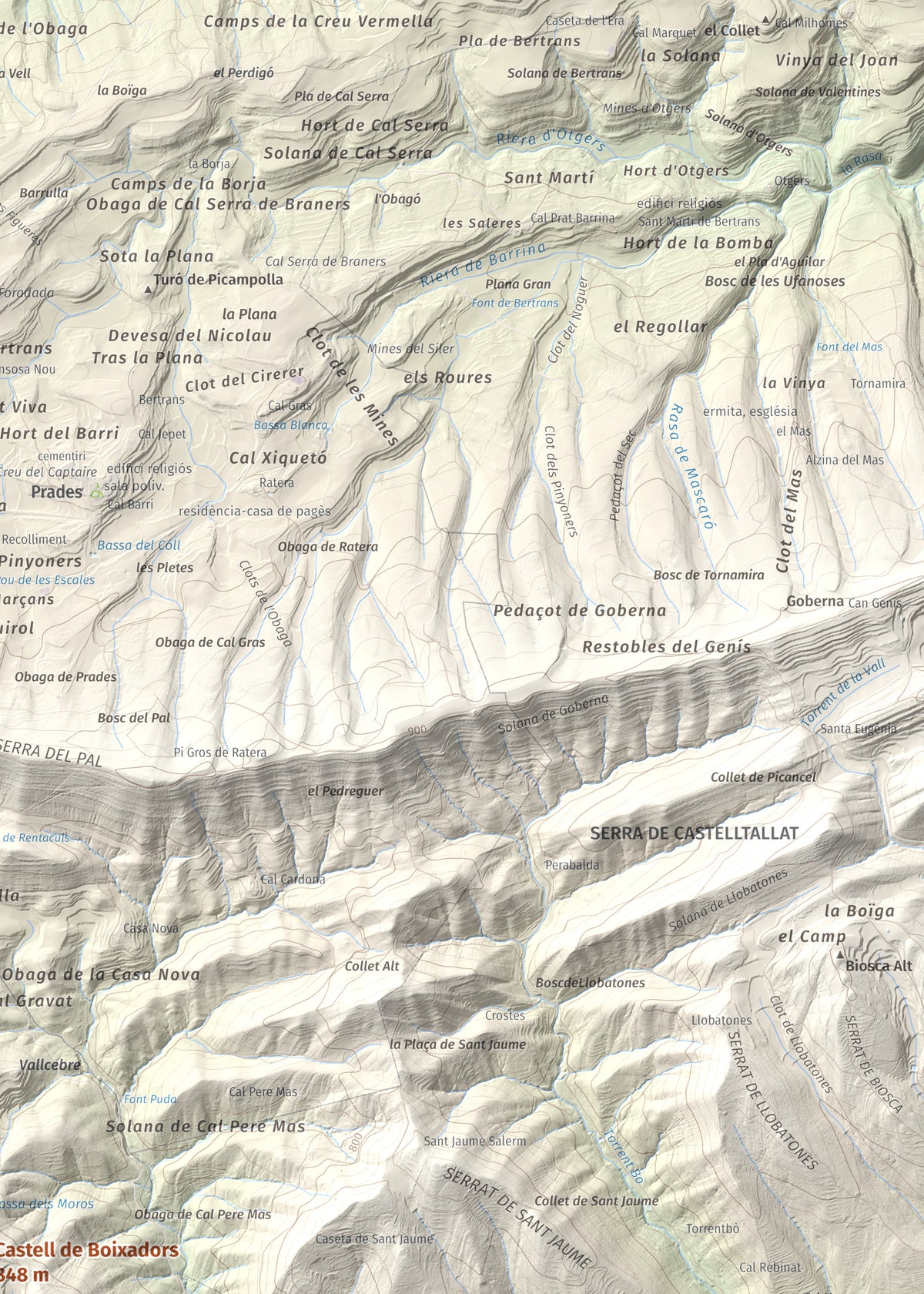 Mapa de relieve de Castell de Boixadors, 848 m, Anoia, lámina 100 Cims de Trobart. Detalle de la zona superior derecha. 50 × 70 cm.