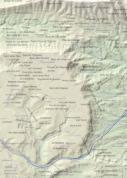 Mapa de relieve de Castell de Boixadors, 848 m, Anoia, lámina 100 Cims de Trobart. Detalle de la zona inferior izquierda. 50 × 70 cm.