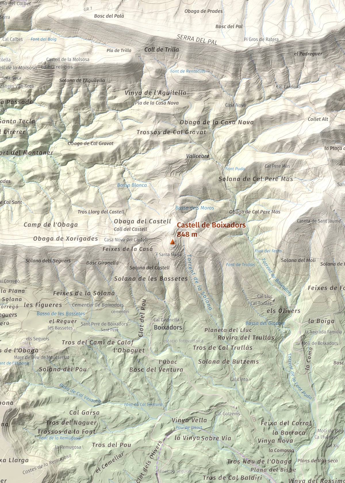 Mapa de relieve de Castell de Boixadors, 848 m, Anoia, lámina 100 Cims de Trobart. Detalle de la zona central. 50 × 70 cm.