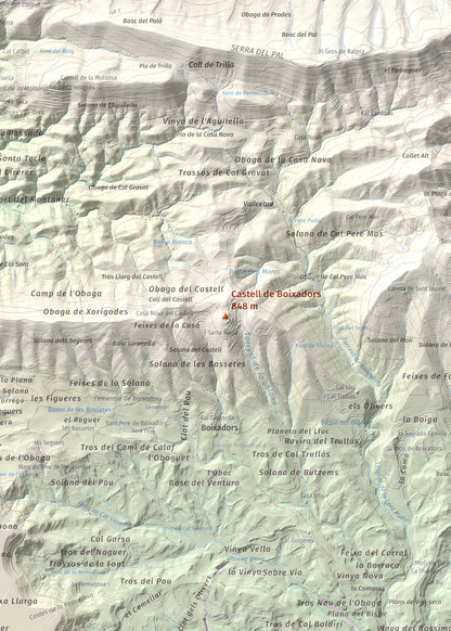 Mapa de relieve de Castell de Boixadors, 848 m, Anoia, lámina 100 Cims de Trobart. Detalle de la zona central. 50 × 70 cm.