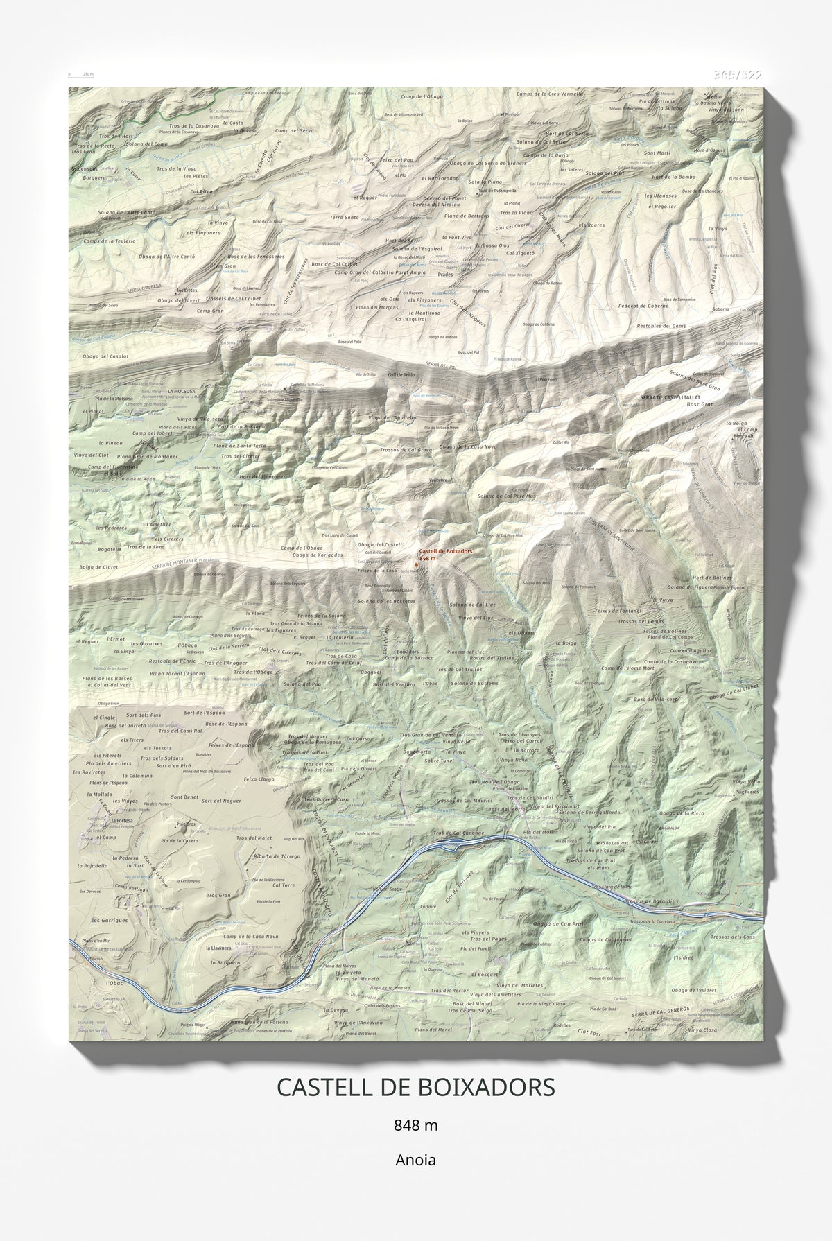 Mapa de relieve de Castell de Boixadors, 848 m, Anoia, lámina 100 Cims de Trobart 61 × 91 cm.
