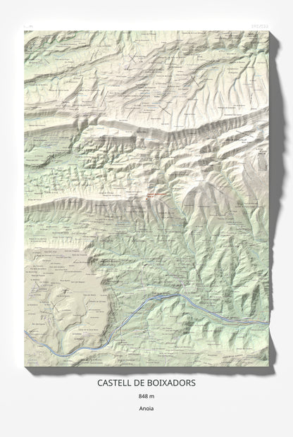 Mapa de relieve de Castell de Boixadors, 848 m, Anoia, lámina 100 Cims de Trobart 61 × 91 cm.