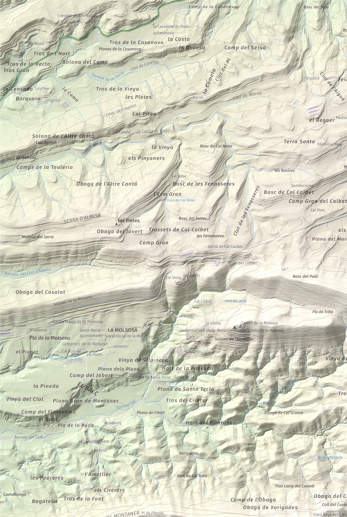 Mapa de relieve de Castell de Boixadors, 848 m, Anoia, lámina 100 Cims de Trobart. Detalle de la zona superior izquierda. 61 × 91 cm.
