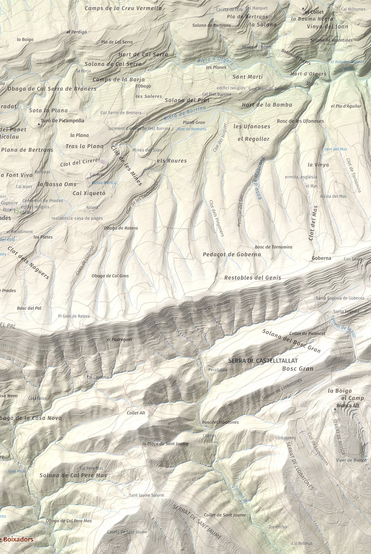 Mapa de relieve de Castell de Boixadors, 848 m, Anoia, lámina 100 Cims de Trobart. Detalle de la zona superior derecha. 61 × 91 cm.