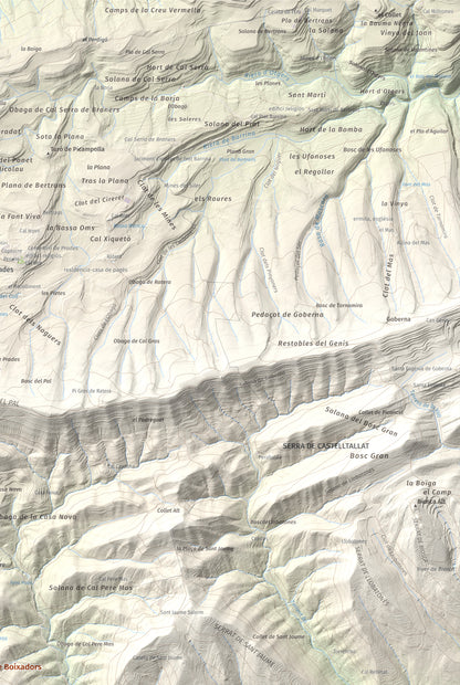 Mapa de relieve de Castell de Boixadors, 848 m, Anoia, lámina 100 Cims de Trobart. Detalle de la zona superior derecha. 61 × 91 cm.