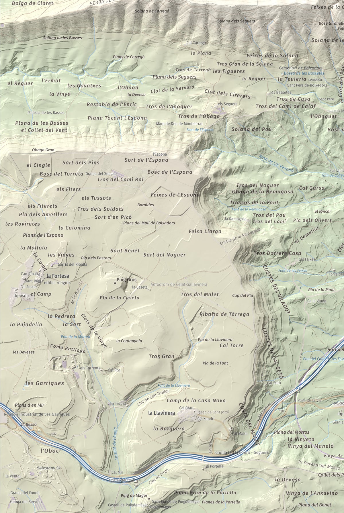 Mapa de relieve de Castell de Boixadors, 848 m, Anoia, lámina 100 Cims de Trobart. Detalle de la zona inferior izquierda. 61 × 91 cm.