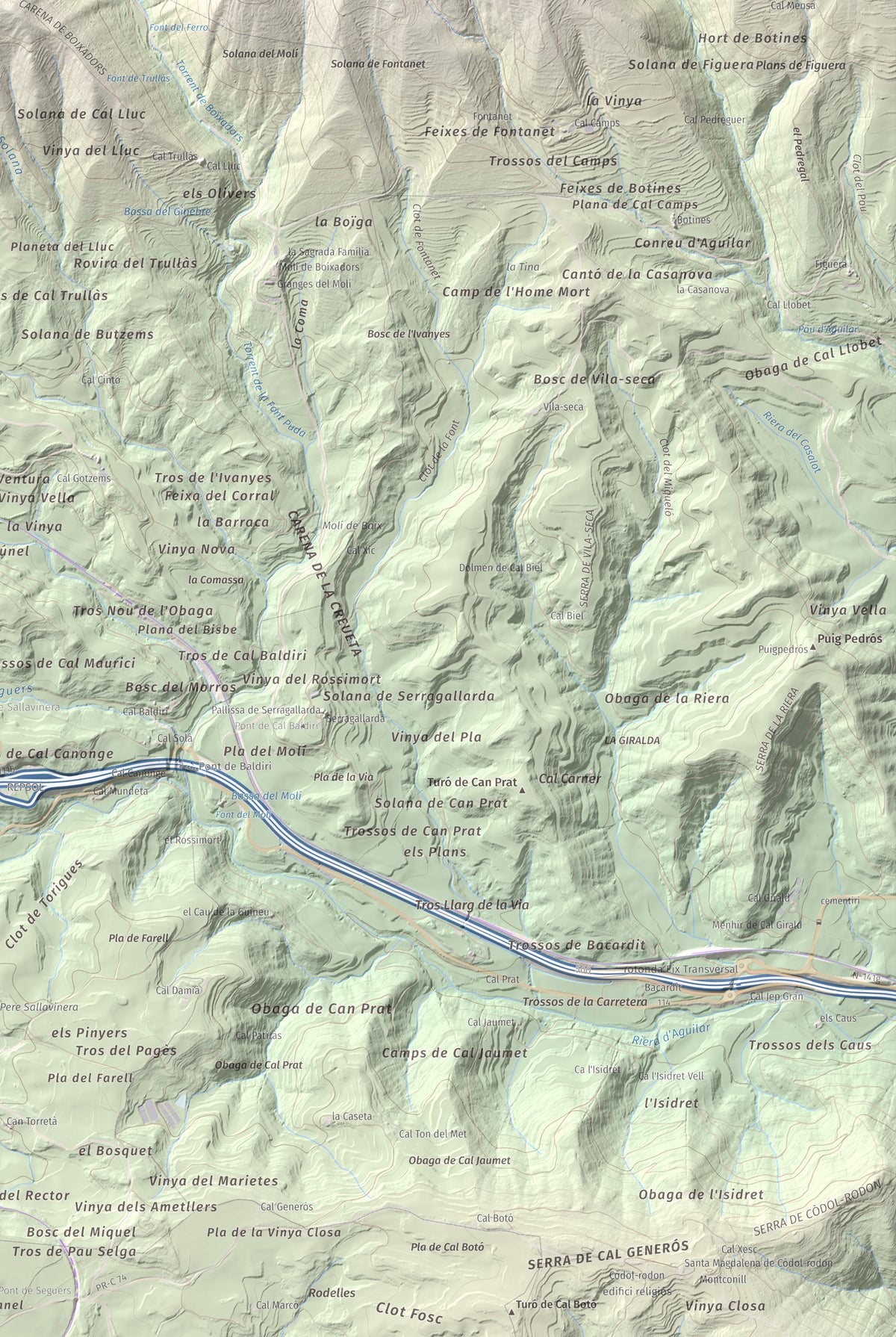 Mapa de relieve de Castell de Boixadors, 848 m, Anoia, lámina 100 Cims de Trobart. Detalle de la zona inferior derecha. 61 × 91 cm.